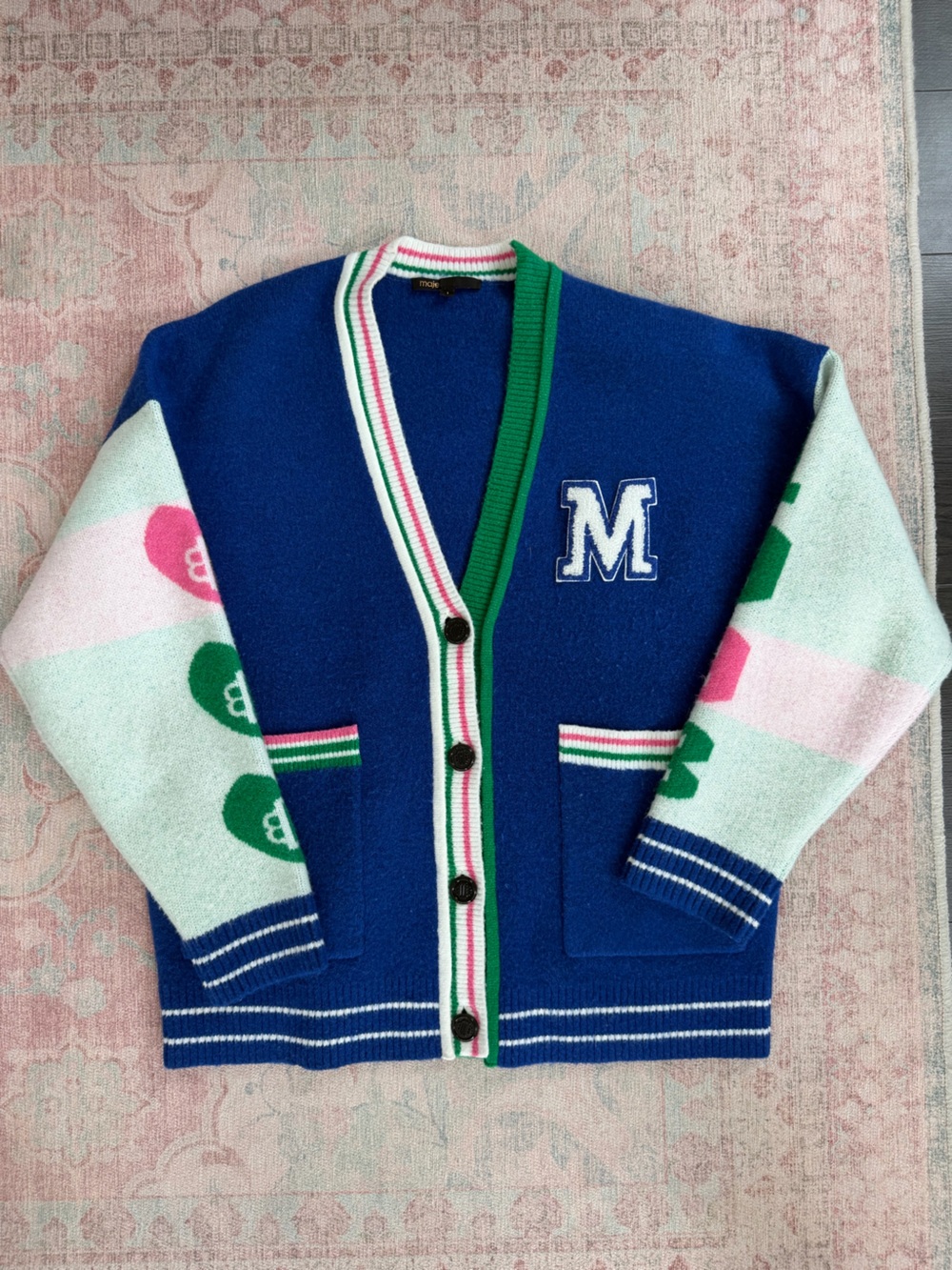Maje Blue Knit Cardigan with Green and Pink Trim